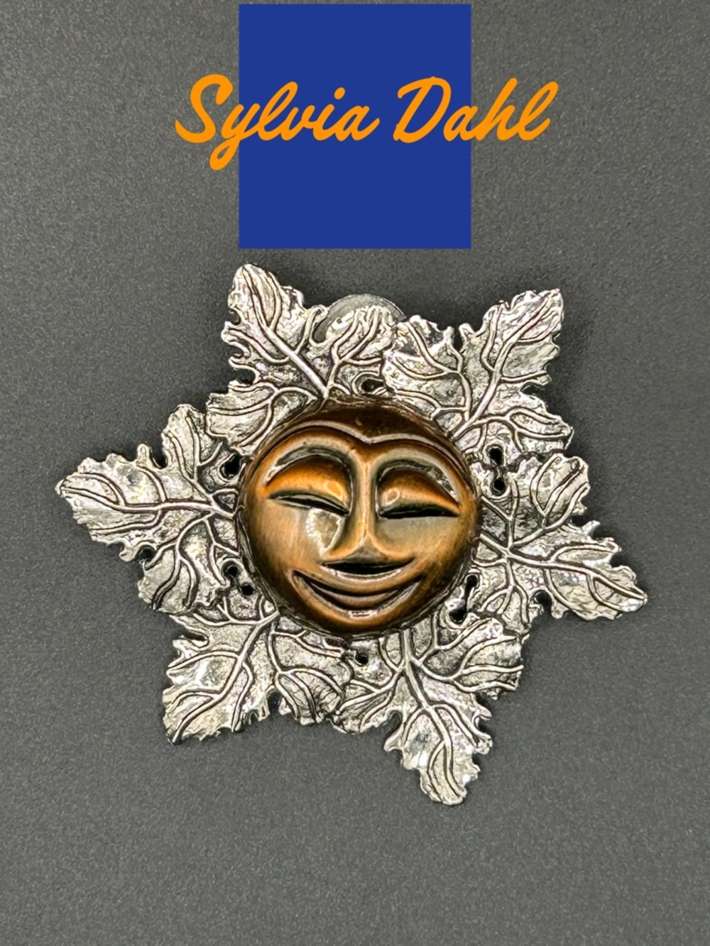 Vintage Sylvia Dahl Sun Face Scarf Clip - Frosted Oak Leaf Motif